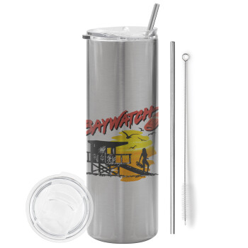 Baywatch, Eco friendly stainless steel Silver tumbler 600ml, with metal straw & cleaning brush