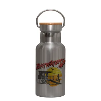 Baywatch, Stainless steel metallic thermos flask, silver with a bamboo lid, double-walled, 350ml.