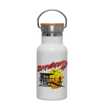 Baywatch, Metallic thermos (Stainless steel) White with wooden lid (bamboo), double-walled, 350ml