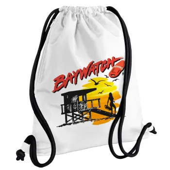 Baywatch, Τσάντα πλάτης πουγκί GYMBAG λευκή, με τσέπη (40x48cm) & χονδρά κορδόνια