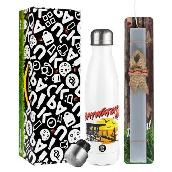 Baywatch, Easter candle, metallic white thermos bottle (500ml) & aromatic flat candle (30cm) (GRAY)