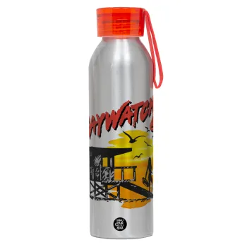Baywatch, Αλουμινένιο Αθλητικό Μπουκάλι 650ml – Ασημί με Κόκκινο Καπάκι και Λουράκι Σιλικόνης