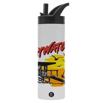 Baywatch, Metallic thermos bottle with straw & handle, stainless steel (Stainless steel 304), double-walled, 600ml.
