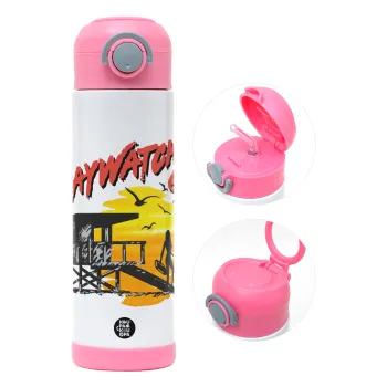 Baywatch, Children's hot water bottle, stainless steel, with safety straw, PINK (500ml)