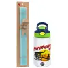 Easter Set, Children's thermal stainless steel bottle with safety straw, green/blue (350ml) & aromatic flat Easter candle (30cm) (TURQUOISE)
