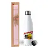 Easter Set, metallic stainless steel water bottle (750ml) & scented flat Easter candle (30cm) (PINK)