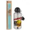 Easter Set, metallic silver aluminum water bottle (500ml) & scented flat Easter candle (30cm) (TURQUOISE)