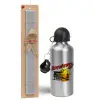 Easter Set, metallic silver aluminum water bottle (500ml) & aromatic flat Easter candle (30cm) (GRAY)