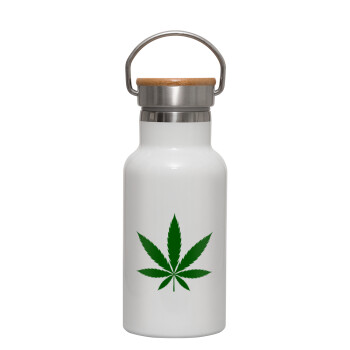 Weed, Μεταλλικό παγούρι θερμός (Stainless steel) Λευκό με ξύλινο καπακι (bamboo), διπλού τοιχώματος, 350ml