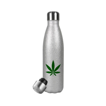 Weed, Μεταλλικό παγούρι θερμός Glitter Aσημένιο (Stainless steel), διπλού τοιχώματος, 500ml