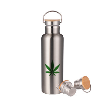 Weed, Μεταλλικό παγούρι θερμός (Stainless steel) Ασημένιο με ξύλινο καπακι (bamboo), διπλού τοιχώματος, 750ml
