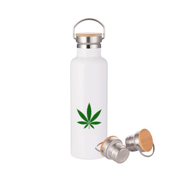 Weed, Μεταλλικό παγούρι θερμός (Stainless steel) Λευκό με ξύλινο καπάκι (bamboo), διπλού τοιχώματος, 750ml