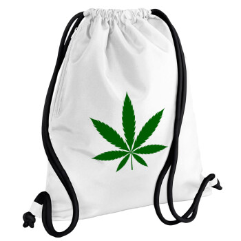 Weed, Τσάντα πλάτης πουγκί GYMBAG λευκή, με τσέπη (40x48cm) & χονδρά κορδόνια