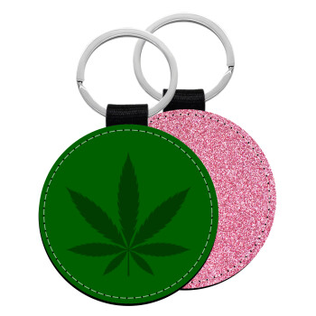 Weed, Μπρελόκ Δερματίνη, στρογγυλό ΡΟΖ (5cm)