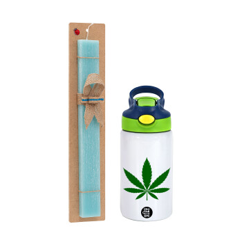 Weed, Πασχαλινό Σετ, Παιδικό παγούρι θερμό, ανοξείδωτο, με καλαμάκι ασφαλείας, πράσινο/μπλε (350ml) & πασχαλινή λαμπάδα αρωματική πλακέ (30cm) (ΤΙΡΚΟΥΑΖ)