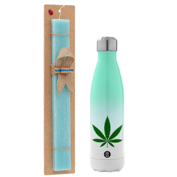 Weed, Πασχαλινή Λαμπάδα με Μεταλλικό παγούρι θερμός Πράσινο/Λευκό (Stainless steel), διπλού τοιχώματος, 500ml & κερί αρωματικό πλακέ (30cm) (ΤΙΡΚΟΥΑΖ)