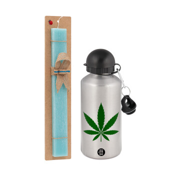 Weed, Easter Set, metallic silver aluminum water bottle (500ml) & scented flat Easter candle (30cm) (TURQUOISE)