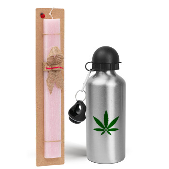 Weed, Easter Set, metallic Silver aluminum water bottle (500ml) & scented flat Easter candle (30cm) (PINK)