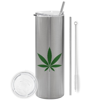 Weed, Tumbler ποτήρι θερμό Ασημένιο από ανοξείδωτο ατσάλι 600ml, με μεταλλικό καλαμάκι & βούρτσα καθαρισμού