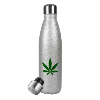 Weed, Metallic Glitter Silver Thermos Flask (Stainless steel), double-walled, 500ml