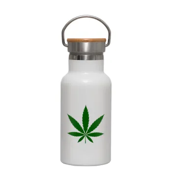 Weed, Metallic thermos (Stainless steel) White with wooden lid (bamboo), double-walled, 350ml