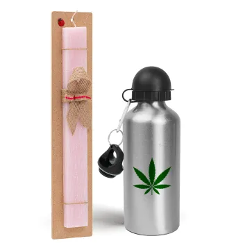 Weed, Easter Set, metallic Silver aluminum water bottle (500ml) & scented flat Easter candle (30cm) (PINK)