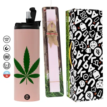 Weed, Easter candle,Travel Tumbler 2 Lids, with metal straw & cleaning brush & aromatic flat candle (30cm) (PINK)