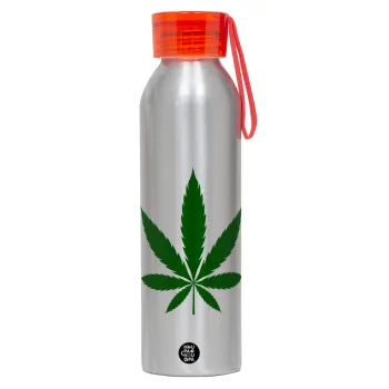 Weed, Αλουμινένιο Αθλητικό Μπουκάλι 650ml – Ασημί με Κόκκινο Καπάκι και Λουράκι Σιλικόνης