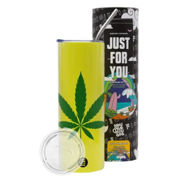 Weed, Neon Yellow Travel Tumbler θερμό, μεταλλικό καλαμάκι(Ανωξείδωτο 304 Food grade, BPA free, 600ml)