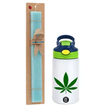 Weed, Easter Set, Children's thermal stainless steel bottle with safety straw, green/blue (350ml) & aromatic flat Easter candle (30cm) (TURQUOISE)