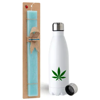 Weed, Easter Set, metallic stainless steel water bottle (750ml) & aromatic flat Easter candle (30cm) (TURQUOISE)