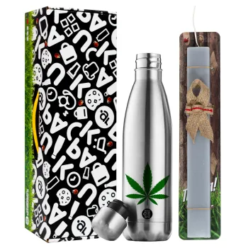 Weed, Easter Set, metallic stainless thermos flask (500ml) & scented flat Easter candle (30cm) (GRAY)