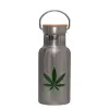 Stainless steel metallic thermos flask, silver with a bamboo lid, double-walled, 350ml.