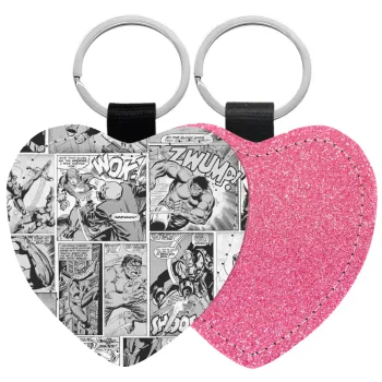 Classic comic Limited B/W, Μπρελόκ PU δερμάτινο glitter καρδιά ΡΟΖ