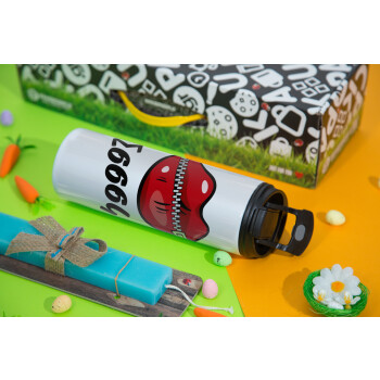 Σσσσς..., Easter candle,Travel Tumbler 2 Lids, with metal straw & cleaning brush & aromatic flat candle (30cm) (BLUE)