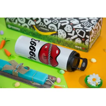 Σσσσς..., Easter candle,Travel Tumbler 2 Lids, with metal straw & cleaning brush & aromatic flat candle (30cm) (BLUE)