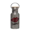 Stainless steel metallic thermos flask, silver with a bamboo lid, double-walled, 350ml.