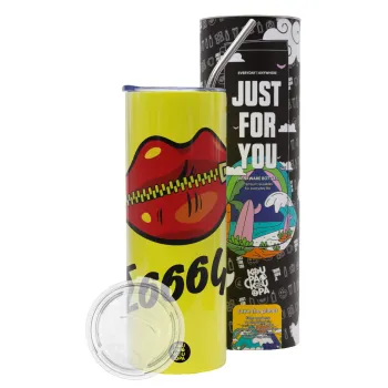 Σσσσς..., Neon Yellow Travel Tumbler θερμό, μεταλλικό καλαμάκι(Ανωξείδωτο 304 Food grade, BPA free, 600ml)