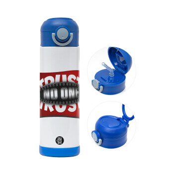 Trust no one... (zipper), Παιδικό παγούρι θερμό, ανοξείδωτο, με καλαμάκι ασφαλείας, ΜΠΛΕ (500ml)