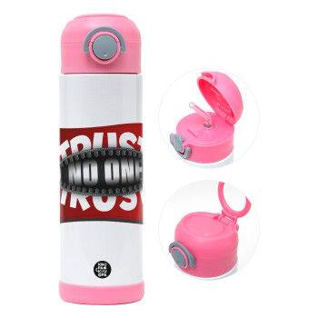 Trust no one... (zipper), Children's hot water bottle, stainless steel, with safety straw, PINK (500ml)