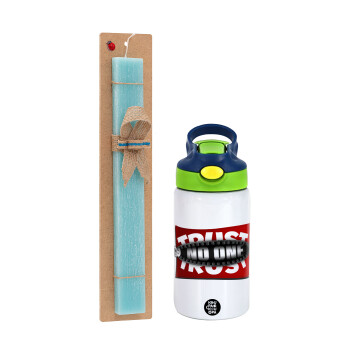 Trust no one... (zipper), Easter Set, Children's thermal stainless steel bottle with safety straw, green/blue (350ml) & aromatic flat Easter candle (30cm) (TURQUOISE)