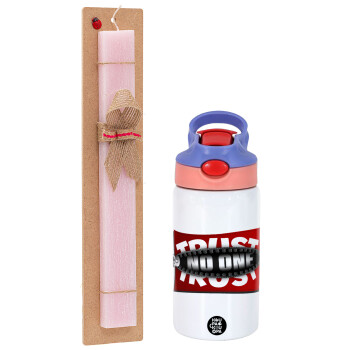 Trust no one... (zipper), Easter Set, Children's thermal stainless steel water bottle with safety straw, pink/purple (350ml) & Easter scented flat candle (30cm) (PINK)