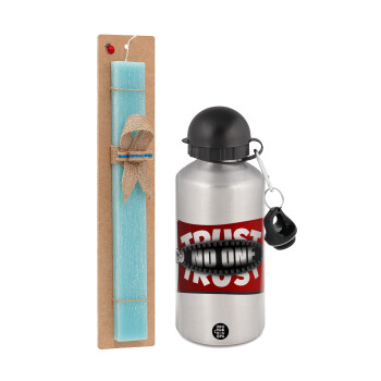 Trust no one... (zipper), Easter Set, metallic silver aluminum water bottle (500ml) & scented flat Easter candle (30cm) (TURQUOISE)