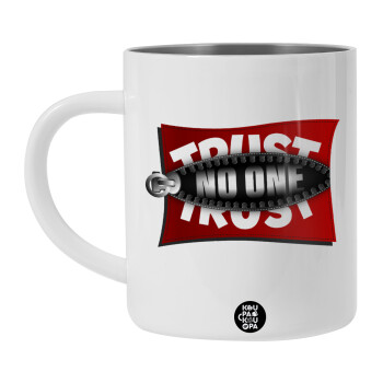 Trust no one... (zipper), Λευκή Ανοξείδωτη Μεταλλική Κούπα 450ml - Διπλού Τοιχώματος 