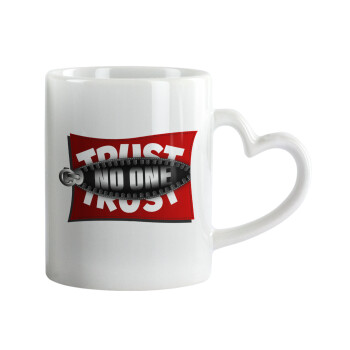 Trust no one... (zipper), Κούπα καρδιά χερούλι λευκή, κεραμική, 330ml