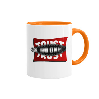 Trust no one... (zipper), Mug colored orange, ceramic, 330ml