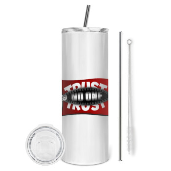 Trust no one... (zipper), Tumbler ποτήρι θερμό από ανοξείδωτο ατσάλι 600ml, με μεταλλικό καλαμάκι & βούρτσα καθαρισμού
