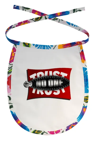 Trust no one... (zipper) — Stain-resistant baby bib with tie, multicoloured