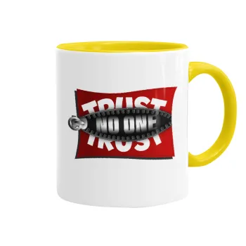 Trust no one... (zipper), Mug colored yellow, ceramic, 330ml