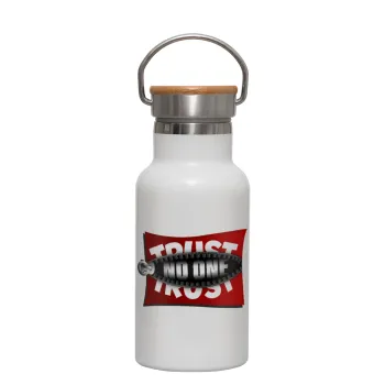 Trust no one... (zipper), Metallic thermos (Stainless steel) White with wooden lid (bamboo), double-walled, 350ml